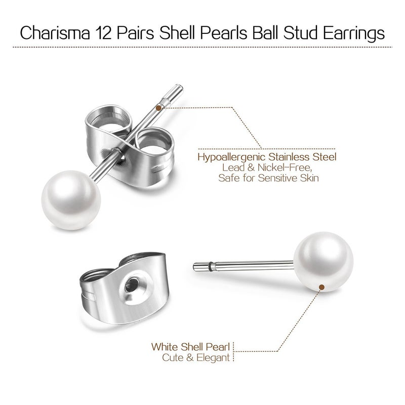 Charisma 5mm Composite Pearl Stud Earrings Round Ball Pearls Hypoallergenic 12 Pairs Imitation Pearl Earrings Set for Women - Image 3